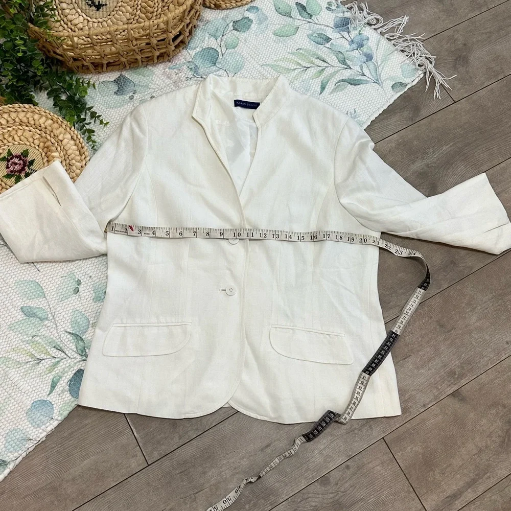 Karen Scott Women’s Cream Blazer Linen Rayon Shoulder Pads Minimalist Size 12